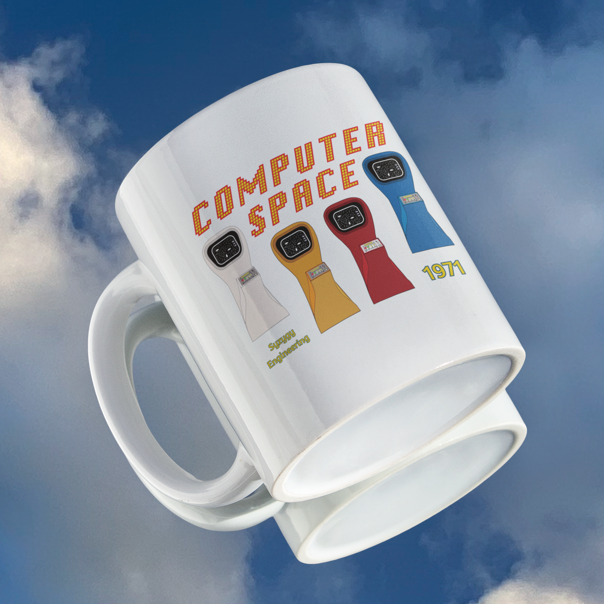 White mug with computer space written and 4 Arcade machines in their iconic White mug with computer space written and 4 Arcade machines in their iconic colours,white,yellow,red and blue and blue
