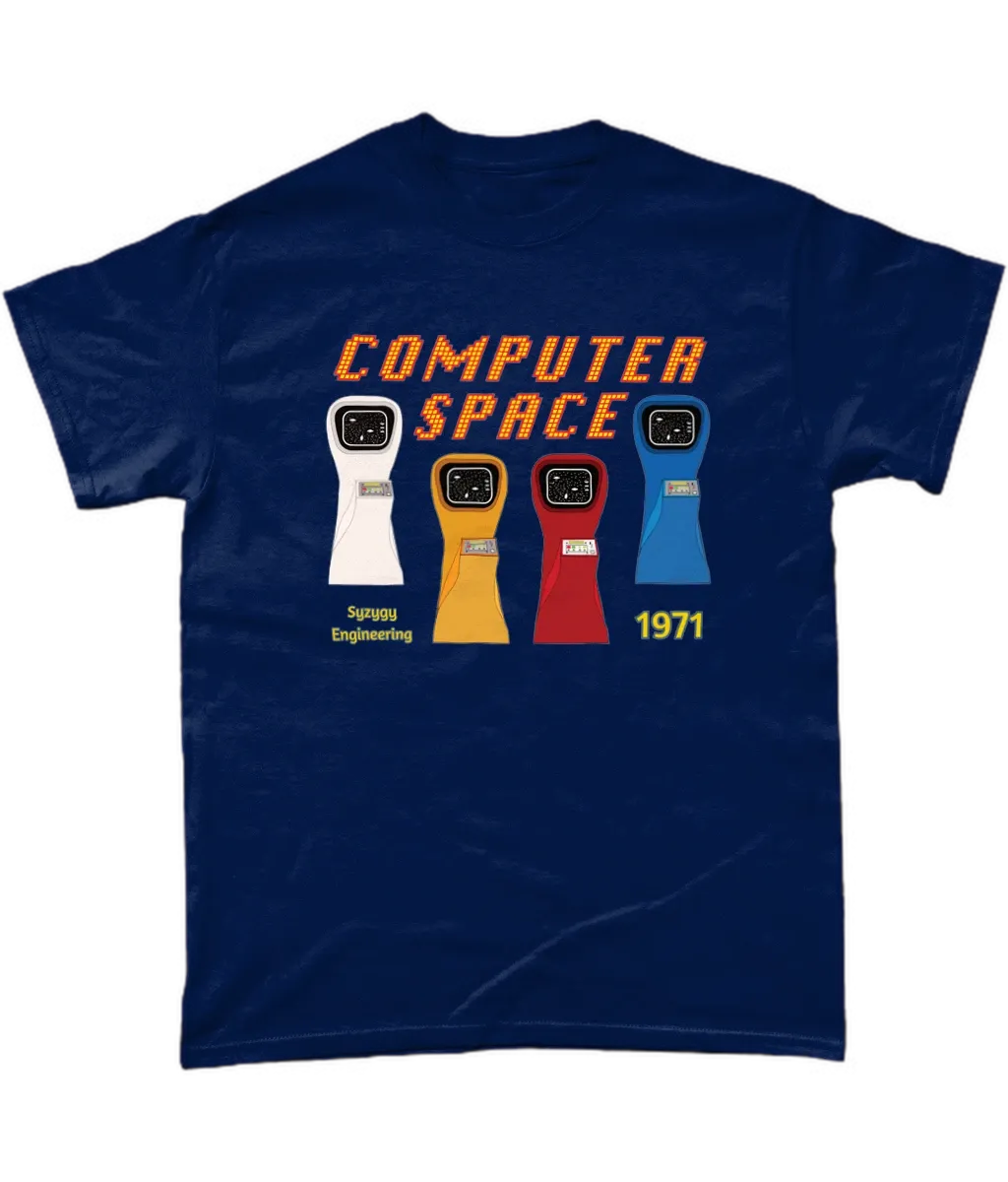 Navy T-shirt with computer space written and 4 Arcade machines in their iconic colours,white,yellow,red and blue