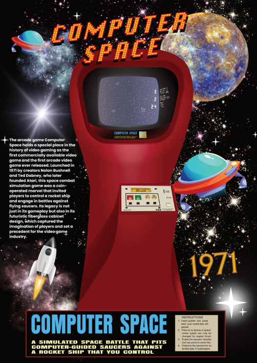 A red Computer Space Arcade Machine Wall Art, set with a background in space , with space saucers,a rocket ship and stars with an image of the earth, text computer space, 1971
