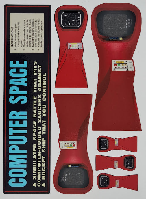 A compilation of  red Computer Space Arcade Machine stickers in various sizes 