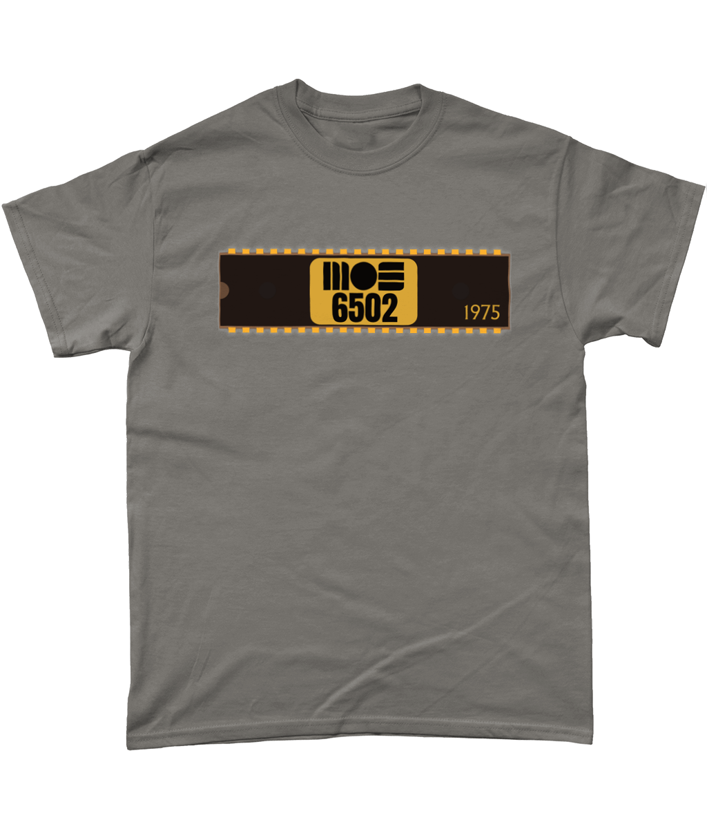 Charcoal T-shirt with a basic representation of a 40 pin chip across the front with MOS 6502 and 1975 written on it.