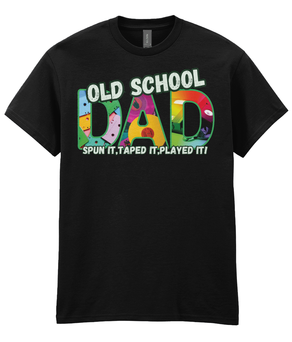 “Black T‑shirt with colourful ‘Old School Dad – Spun It, Taped It, Played It’ design featuring cassette tapes, vinyl records and VHS graphics.” 

