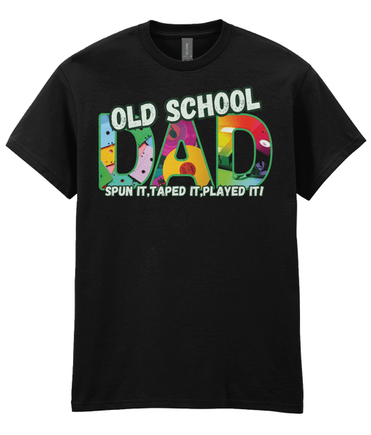 “Black T‑shirt with colourful ‘Old School Dad – Spun It, Taped It, Played It’ design featuring cassette tapes, vinyl records and VHS graphics.” 
