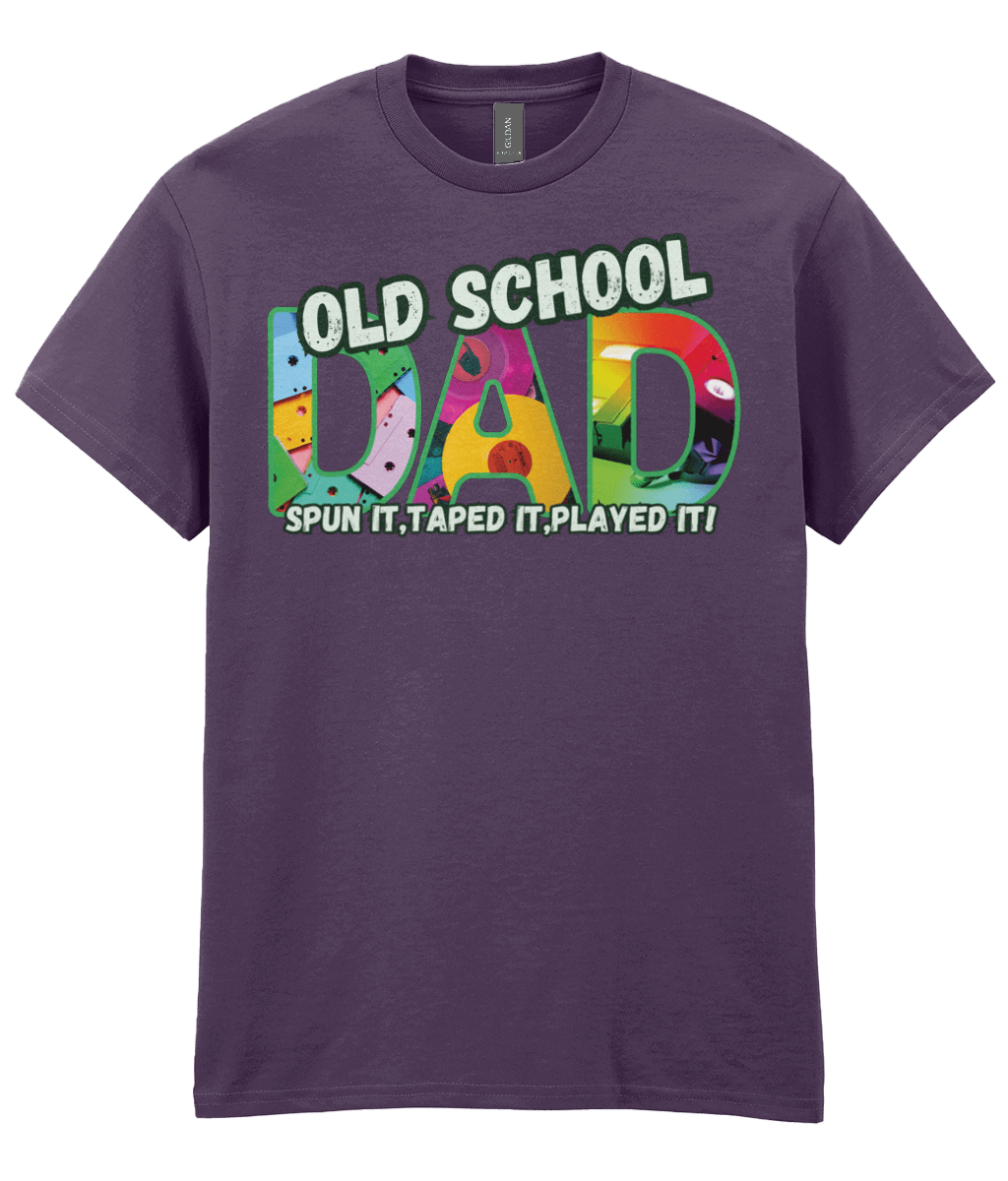 “Blackberry T‑shirt with colourful ‘Old School Dad – Spun It, Taped It, Played It’ design featuring cassette tapes, vinyl records and VHS graphics.” 

