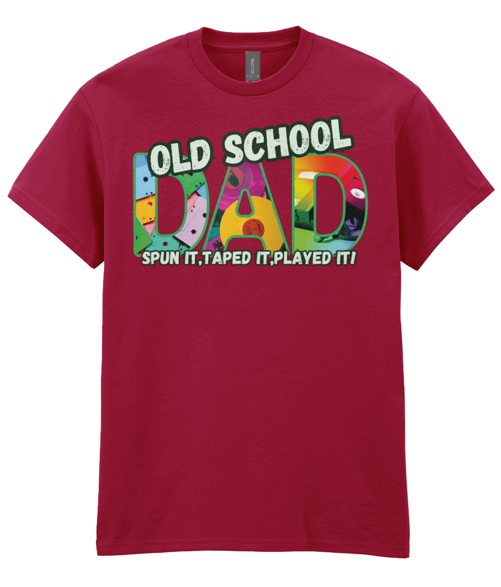 “Antique Cherry T‑shirt with colourful ‘Old School Dad – Spun It, Taped It, Played It’ design featuring cassette tapes, vinyl records and VHS graphics.” 
