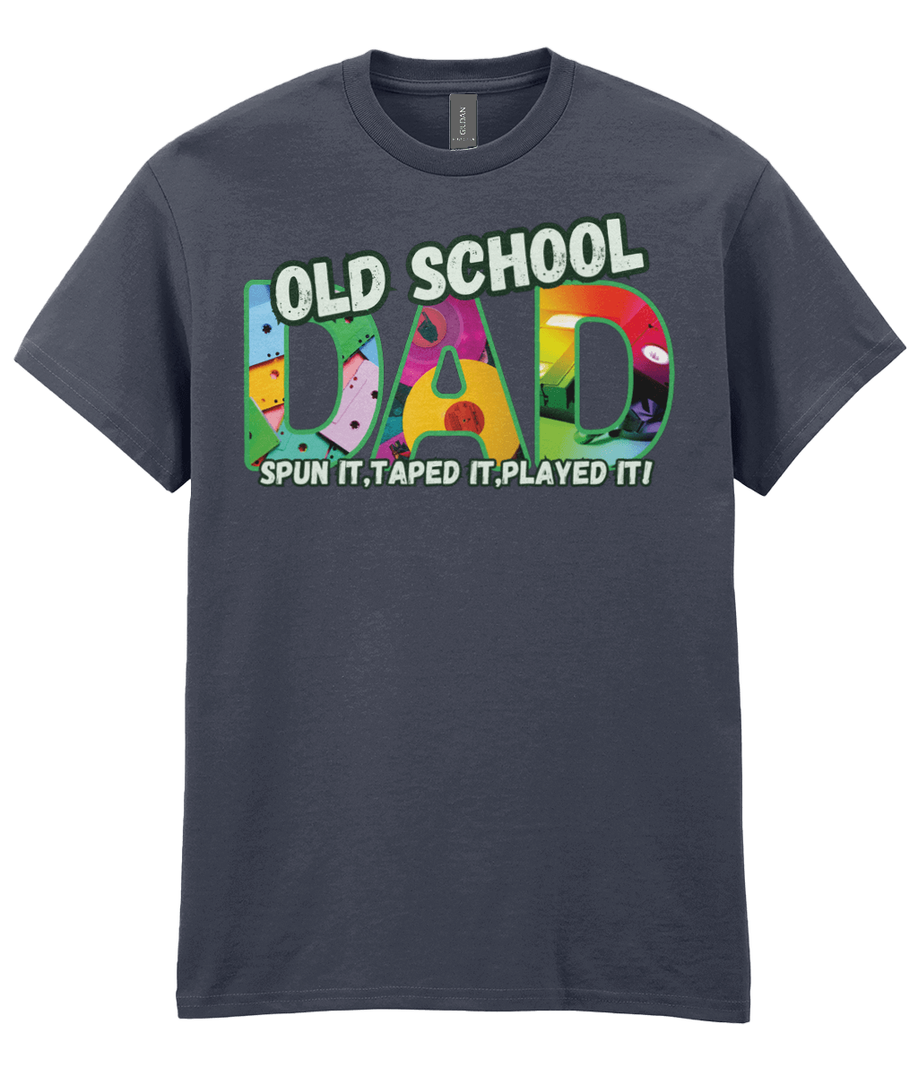 “Dark Heather T‑shirt with colourful ‘Old School Dad – Spun It, Taped It, Played It’ design featuring cassette tapes, vinyl records and VHS graphics.” 
