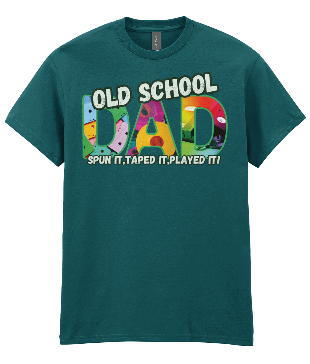 “Midnight blue T‑shirt with colourful ‘Old School Dad – Spun It, Taped It, Played It’ design featuring cassette tapes, vinyl records and VHS graphics.” 
