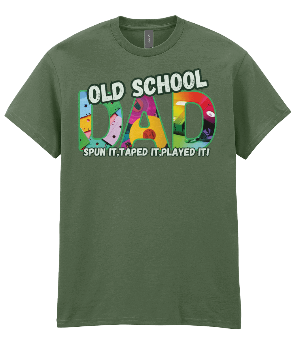 “Military green T‑shirt with colourful ‘Old School Dad – Spun It, Taped It, Played It’ design featuring cassette tapes, vinyl records and VHS graphics.” 