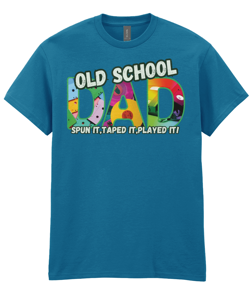 “Antique Sapphire T‑shirt with colourful ‘Old School Dad – Spun It, Taped It, Played It’ design featuring cassette tapes, vinyl records and VHS graphics.” 
