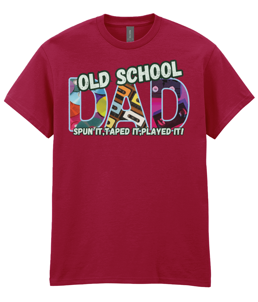 “Antique Cherry T‑shirt with colourful 90s‑style ‘Old School Dad’ design featuring CDs, cassette tapes and VHS graphics.”
