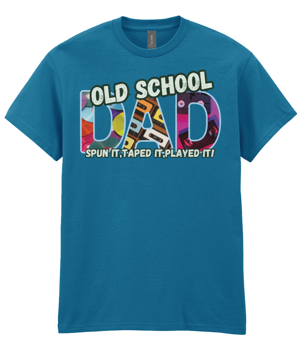 “Antique Sapphire T‑shirt with colourful 90s‑style ‘Old School Dad’ design featuring CDs, cassette tapes and VHS graphics.”
