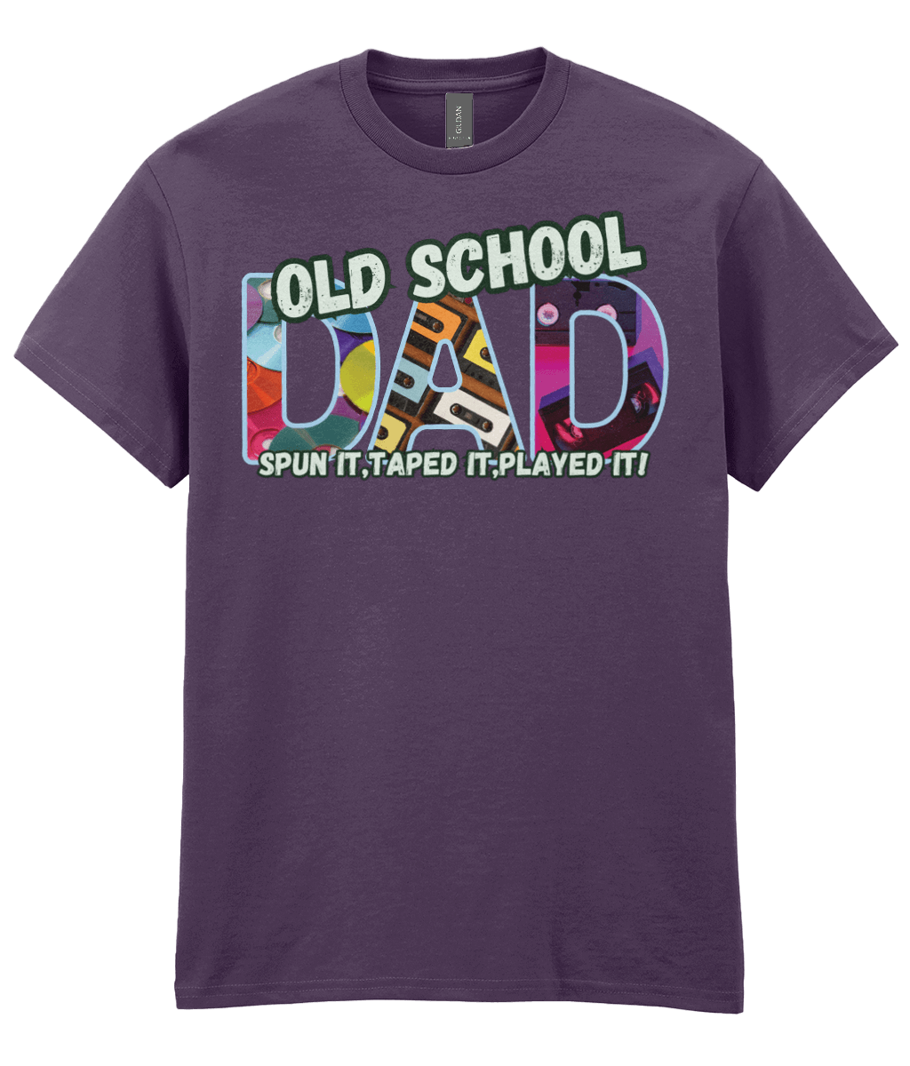 “Blackberry T‑shirt with colourful 90s‑style ‘Old School Dad’ design featuring CDs, cassette tapes and VHS graphics.”