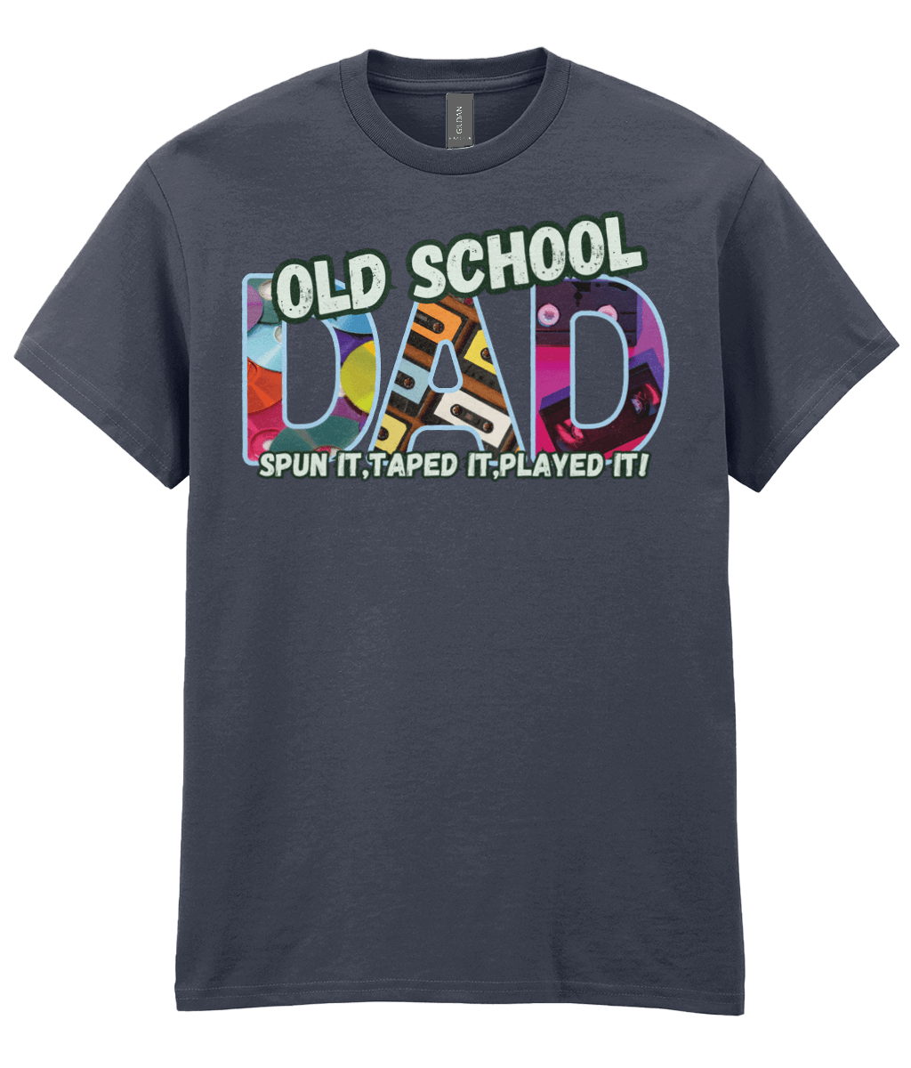 “Dark Heather T‑shirt with colourful 90s‑style ‘Old School Dad’ design featuring CDs, cassette tapes and VHS graphics.”

