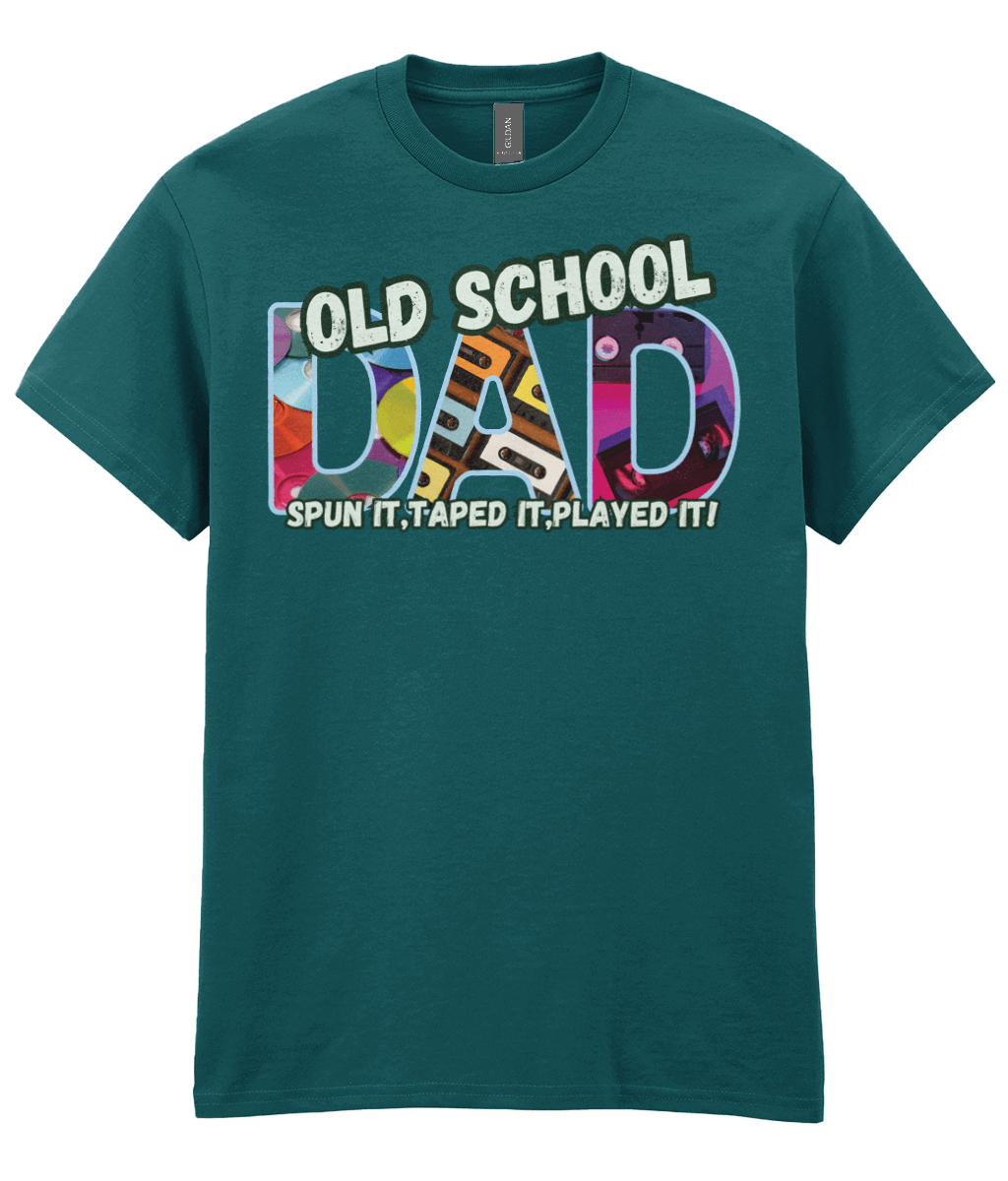 Midnight blue T‑shirt with colourful 90s‑style ‘Old School Dad’ design featuring CDs, cassette tapes and VHS graphics.”
