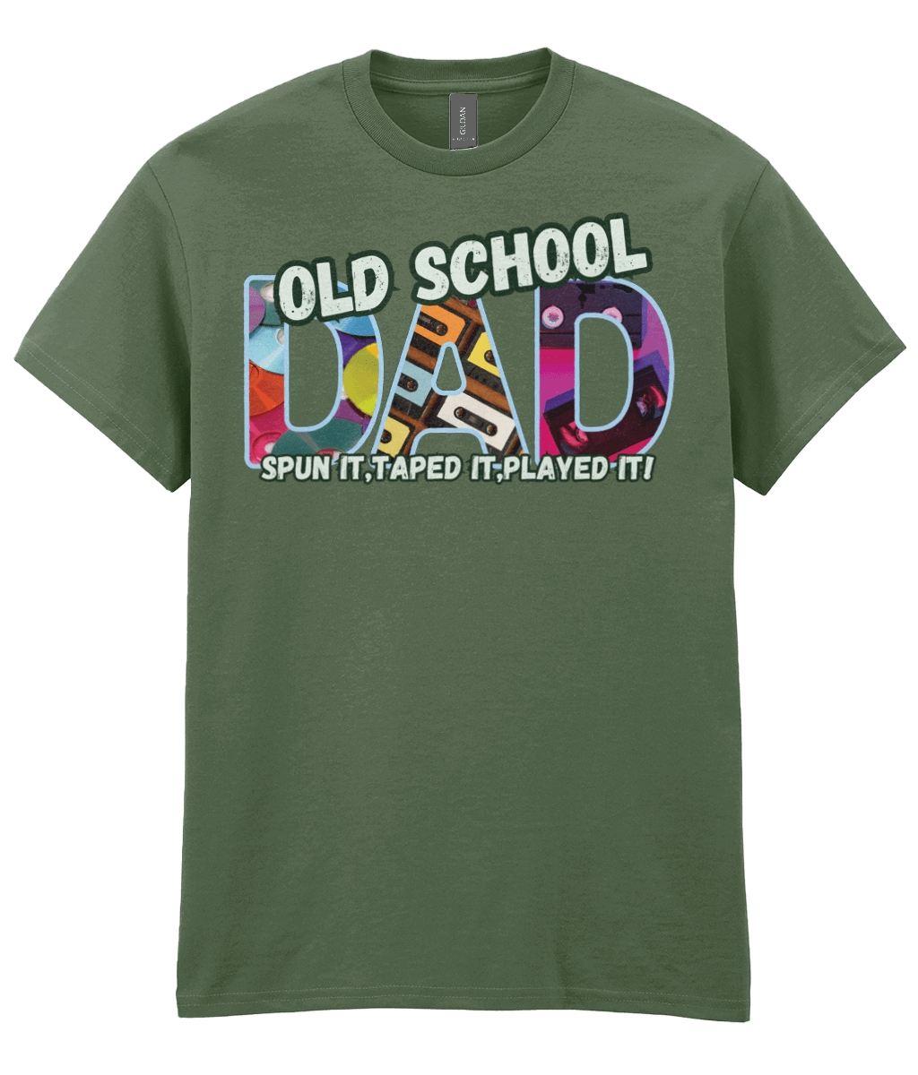 “Military green T‑shirt with colourful 90s‑style ‘Old School Dad’ design featuring CDs, cassette tapes and VHS graphics.”