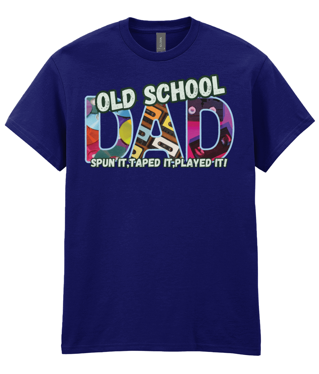 “Navy T‑shirt with colourful 90s‑style ‘Old School Dad’ design featuring CDs, cassette tapes and VHS graphics.”
