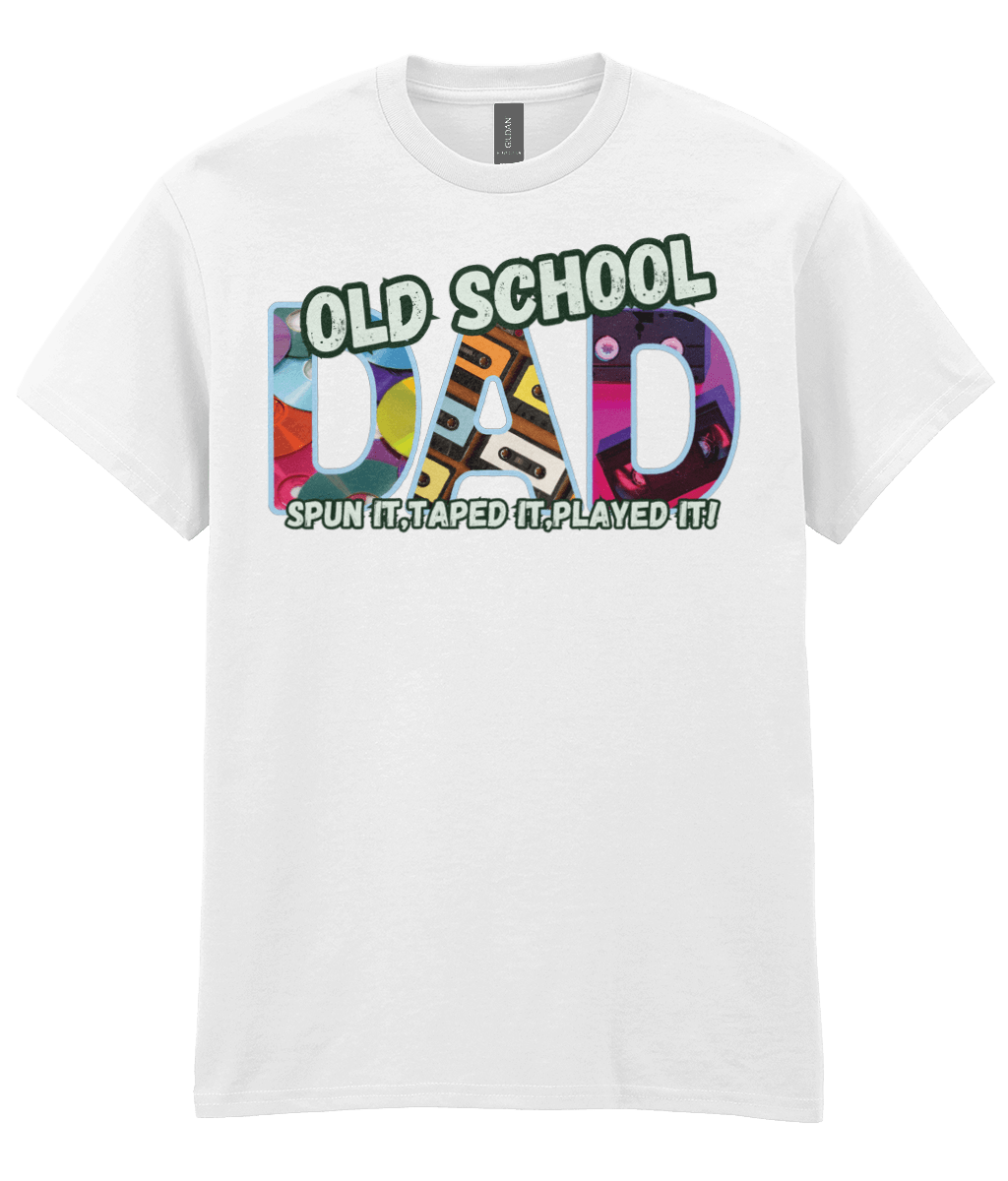 “White T‑shirt with colourful 90s‑style ‘Old School Dad’ design featuring CDs, cassette tapes and VHS graphics.”
