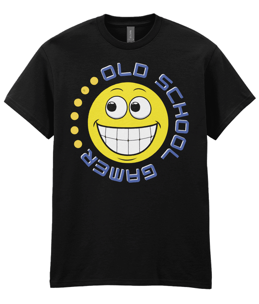  T-shirt with a yellow funny grinning emoji, circling it,old school gamer in blue and a few yellow dots to complete.