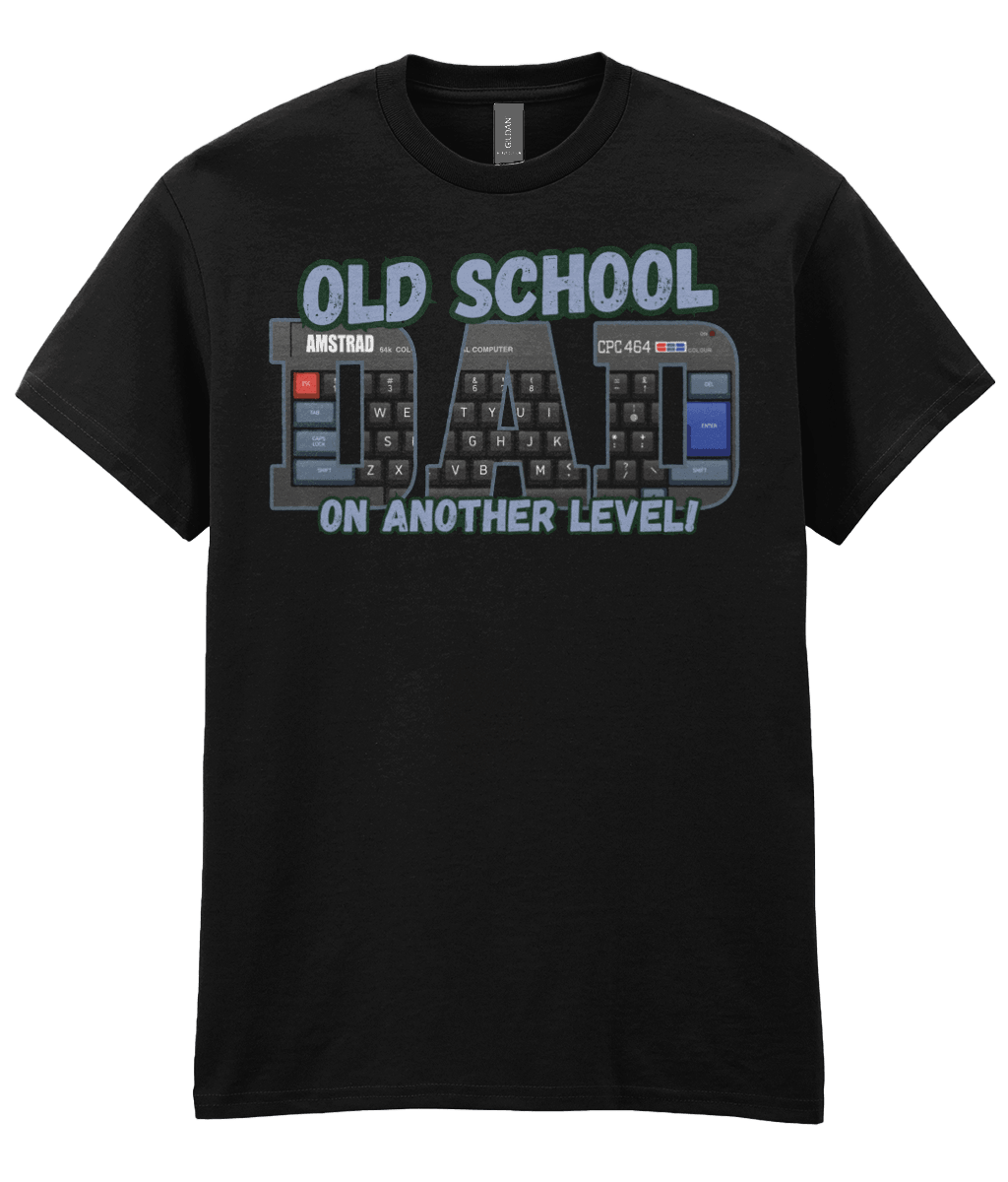 “Black T‑shirt with ‘Old School Dad On Another Level’ text and Amstrad CPC 464 keyboard artwork inside the letters.” 
