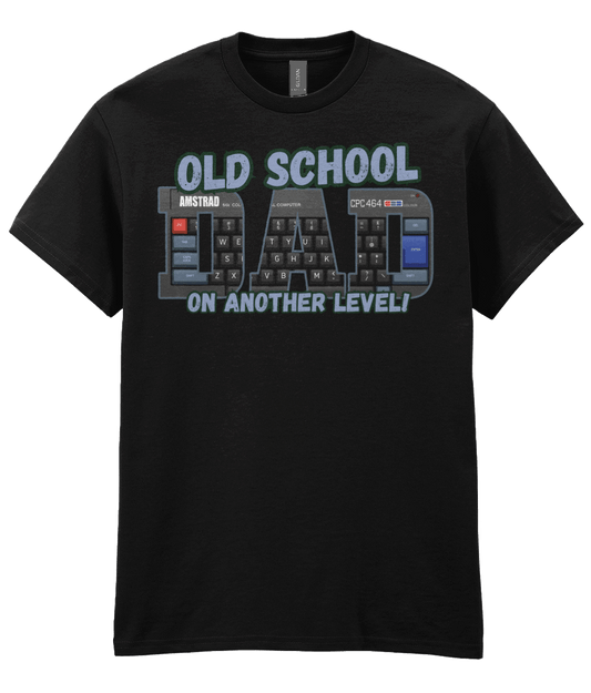 “Black T‑shirt with ‘Old School Dad On Another Level’ text and Amstrad CPC 464 keyboard artwork inside the letters.” 
