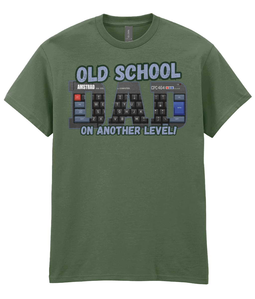 “Military green T‑shirt with ‘Old School Dad On Another Level’ text and Amstrad CPC 464 keyboard artwork inside the letters.” 
