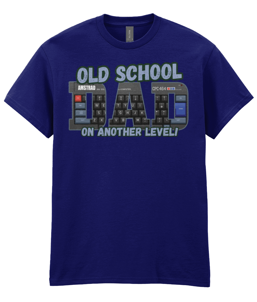 “Navy T‑shirt with ‘Old School Dad On Another Level’ text and Amstrad CPC 464 keyboard artwork inside the letters.” 
