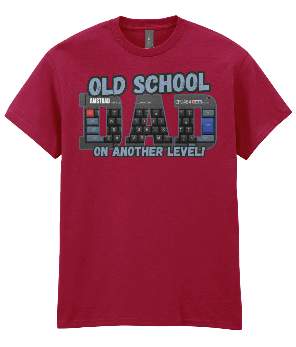 “Antique cherry T‑shirt with ‘Old School Dad On Another Level’ text and Amstrad CPC 464 keyboard artwork inside the letters.” 
