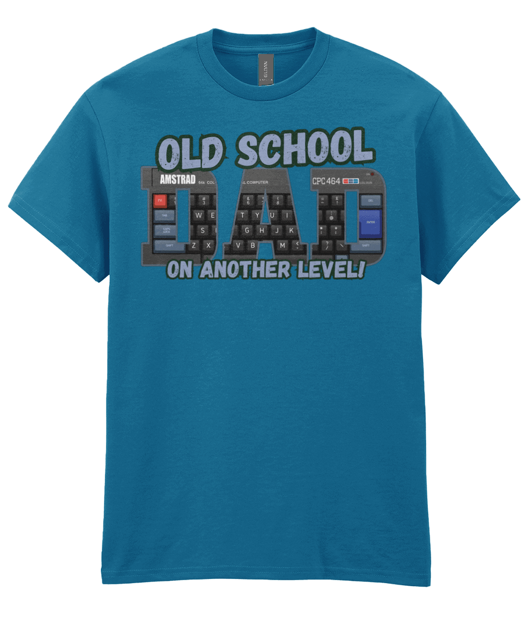 “Antique sapphire T‑shirt with ‘Old School Dad On Another Level’ text and Amstrad CPC 464 keyboard artwork inside the letters.” 

