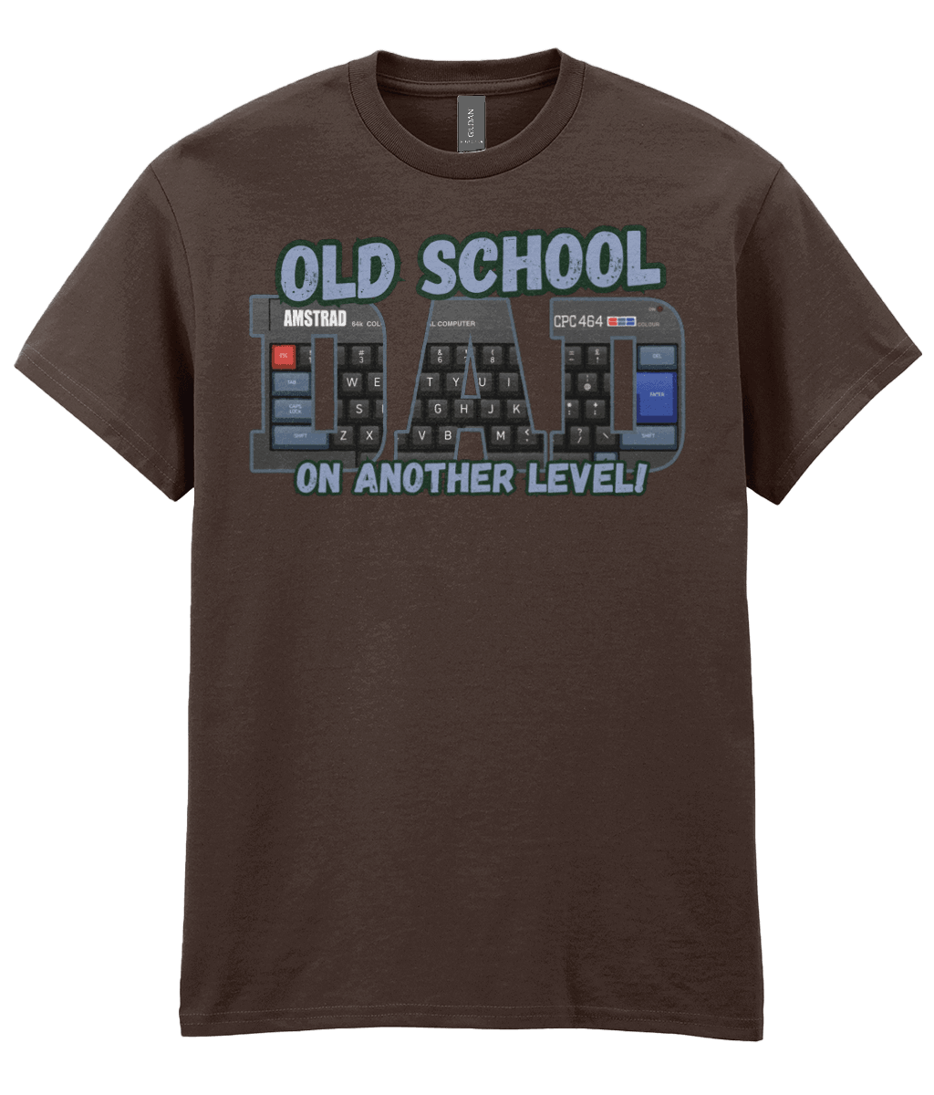 “Dark Chocolate T‑shirt with ‘Old School Dad On Another Level’ text and Amstrad CPC 464 keyboard artwork inside the letters.” 
