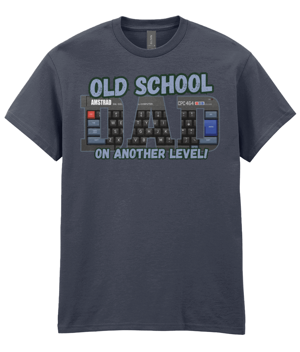 “Dark Heather T‑shirt with ‘Old School Dad On Another Level’ text and Amstrad CPC 464 keyboard artwork inside the letters.” 
