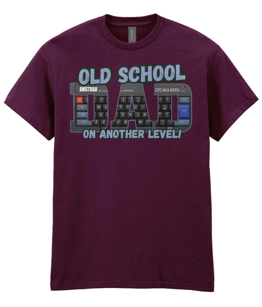 “Maroon T‑shirt with ‘Old School Dad On Another Level’ text and Amstrad CPC 464 keyboard artwork inside the letters.” 
