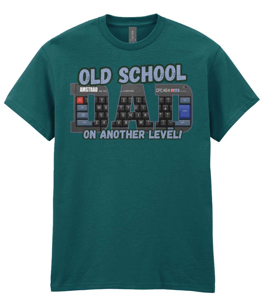 “Midnight blue T‑shirt with ‘Old School Dad On Another Level’ text and Amstrad CPC 464 keyboard artwork inside the letters.” 

