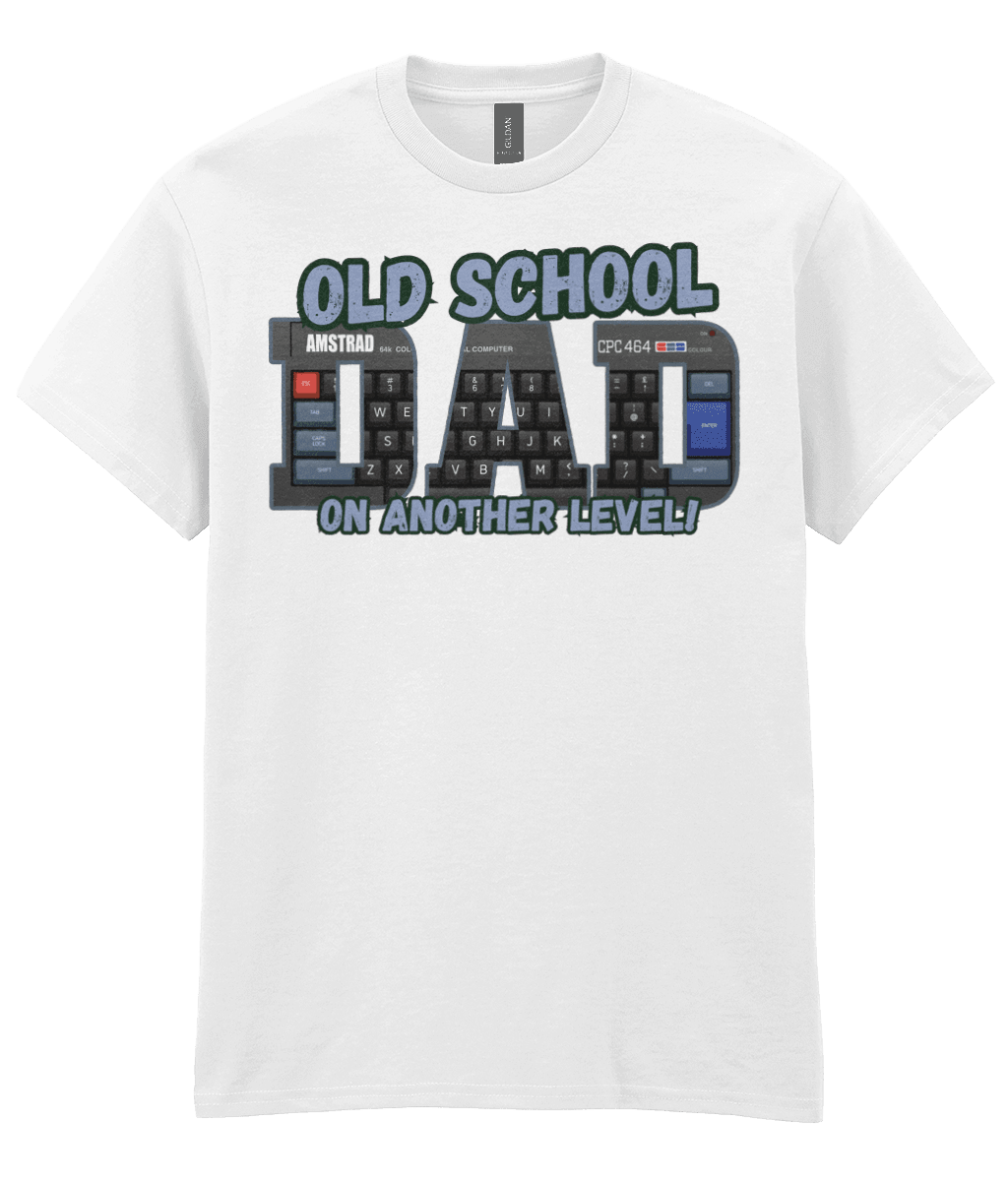 “White T‑shirt with ‘Old School Dad On Another Level’ text and Amstrad CPC 464 keyboard artwork inside the letters.” 
