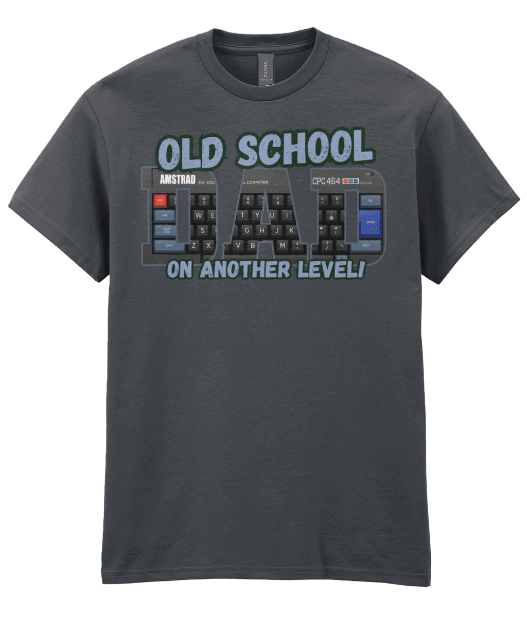 “Tweed T‑shirt with ‘Old School Dad On Another Level’ text and Amstrad CPC 464 keyboard artwork inside the letters.” 
