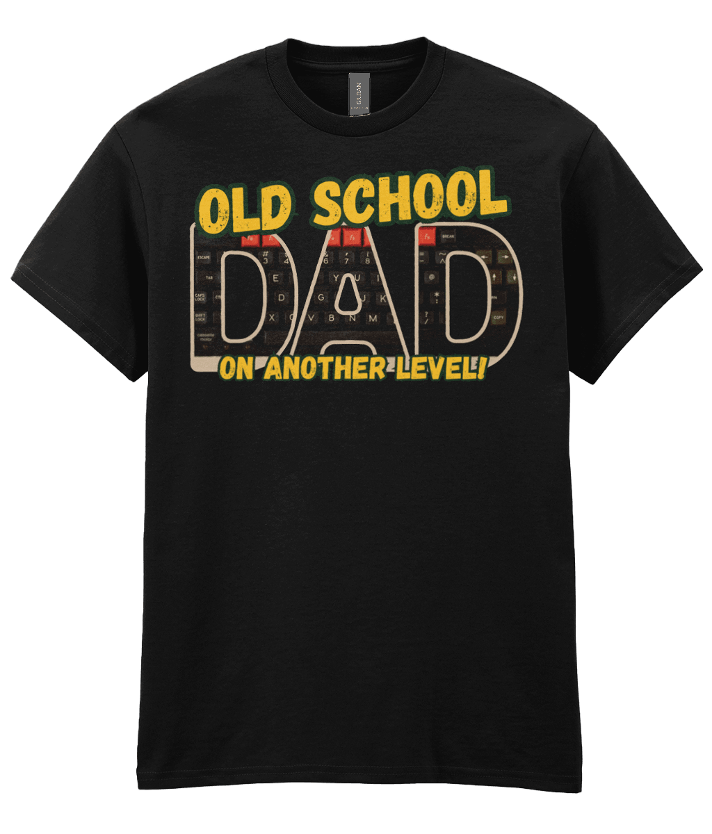 “Black T‑shirt with ‘Old School Dad On Another Level’ text and BBC Micro Model B keyboard artwork inside the letters.” 

