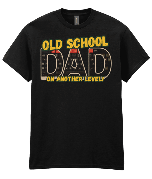 “Black T‑shirt with ‘Old School Dad On Another Level’ text and BBC Micro Model B keyboard artwork inside the letters.” 
