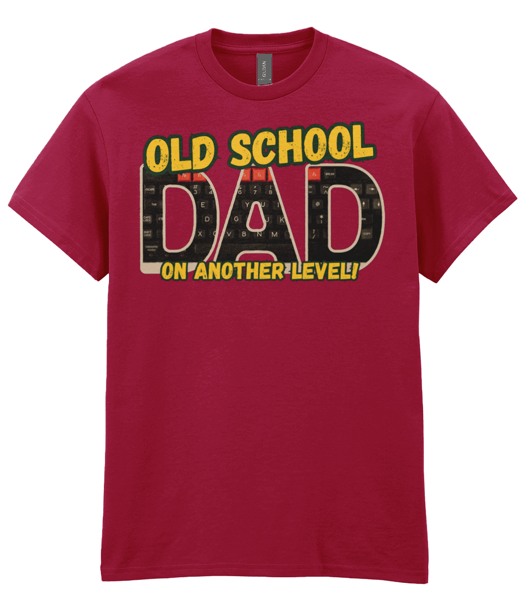 “Antique cherry T‑shirt with ‘Old School Dad On Another Level’ text and BBC Micro Model B keyboard artwork inside the letters.” 