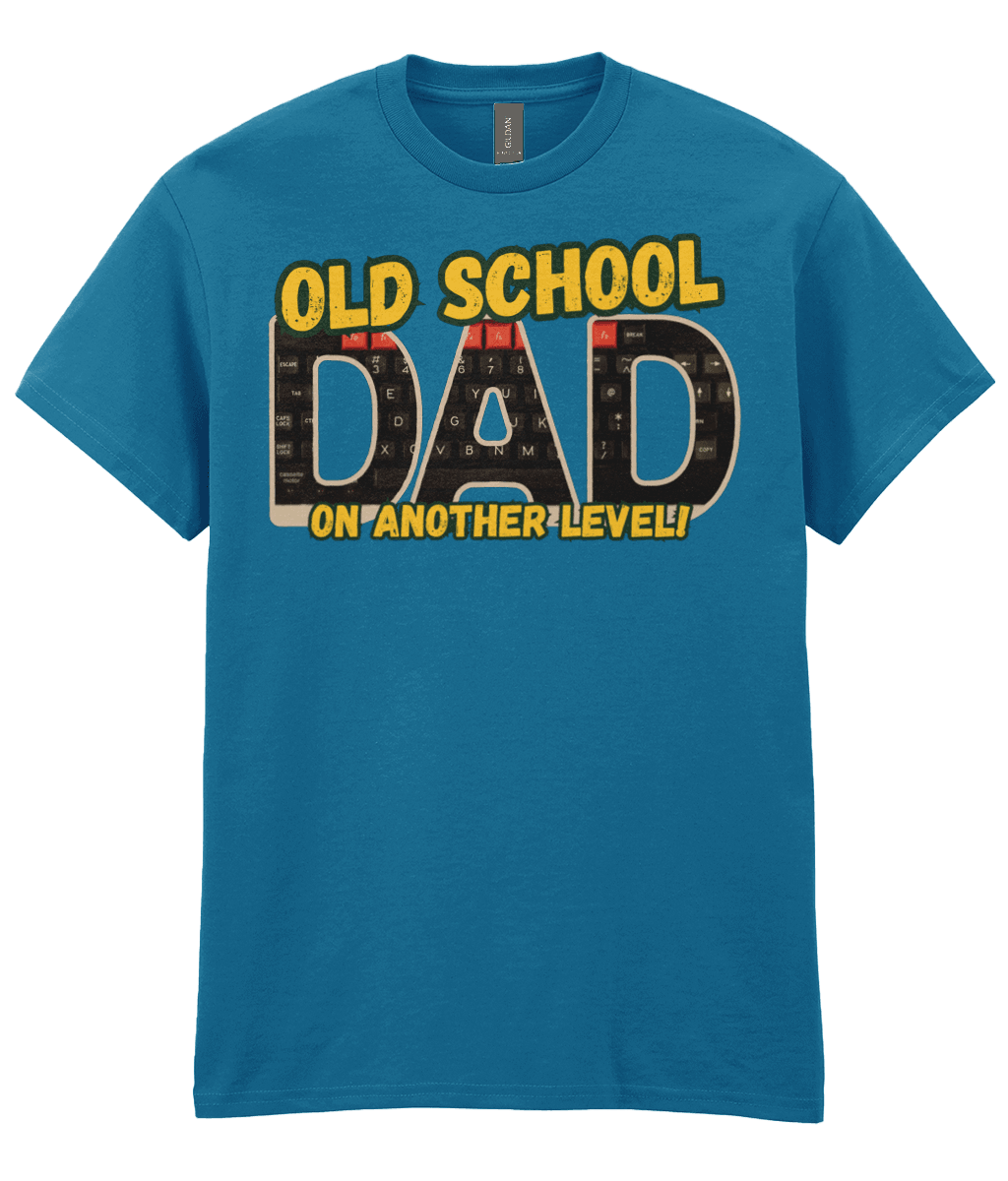 “Antique sapphire T‑shirt with ‘Old School Dad On Another Level’ text and BBC Micro Model B keyboard artwork inside the letters.”  
