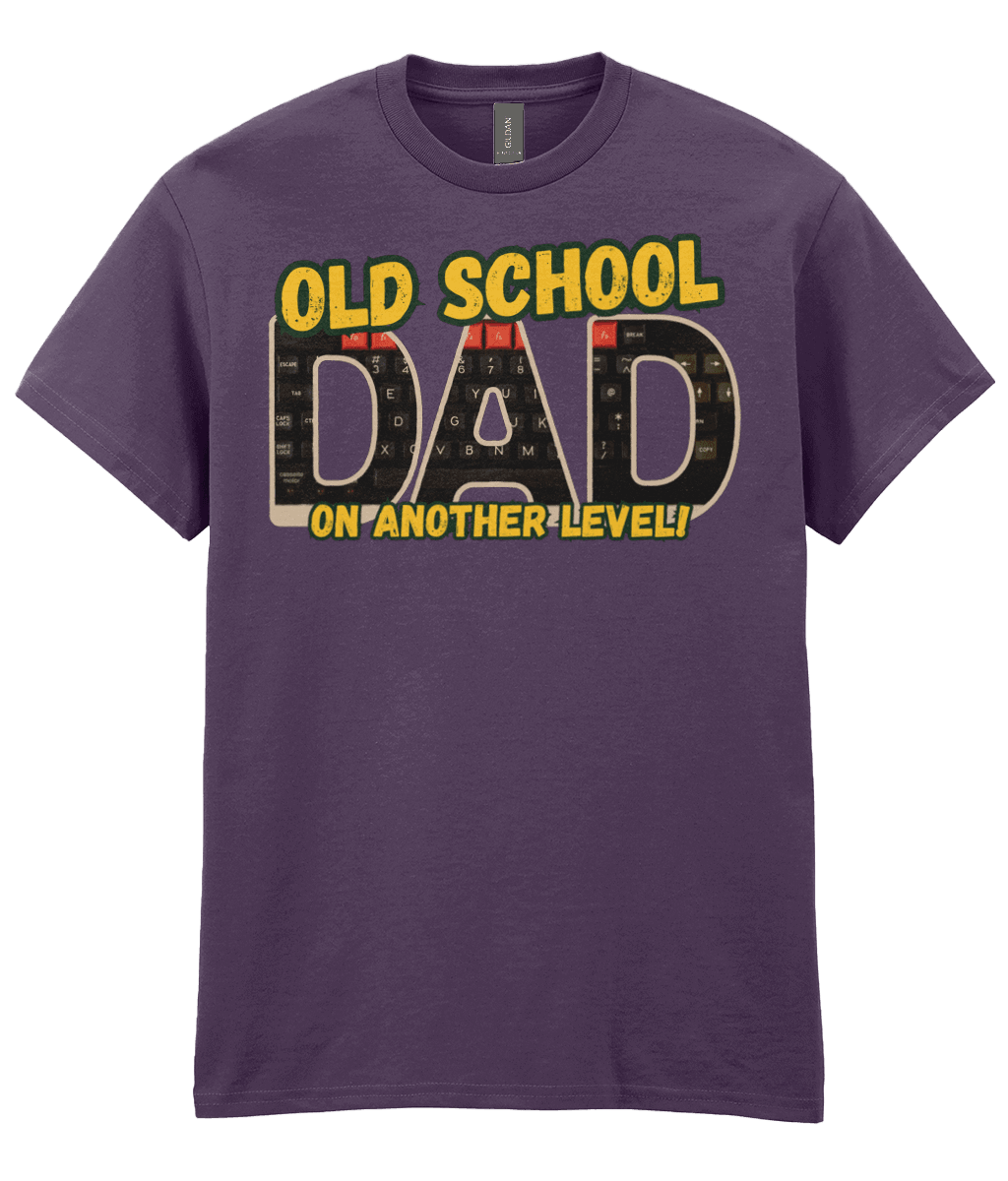 “Blackberry T‑shirt with ‘Old School Dad On Another Level’ text and BBC Micro Model B keyboard artwork inside the letters.” 
