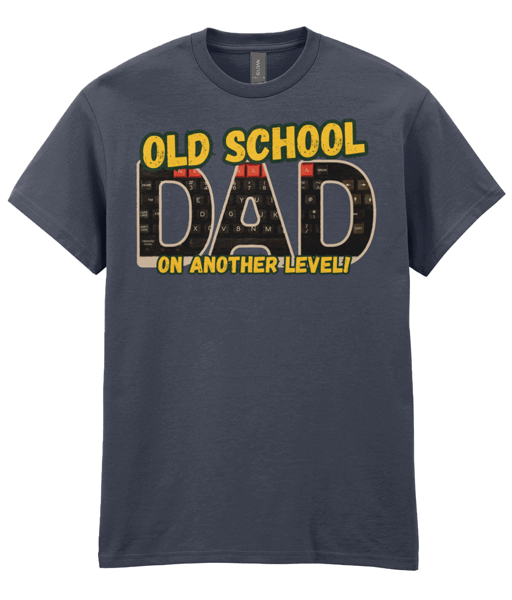 “Heather T‑shirt T‑shirt with ‘Old School Dad On Another Level’ text and BBC Micro Model B keyboard artwork inside the letters.” 