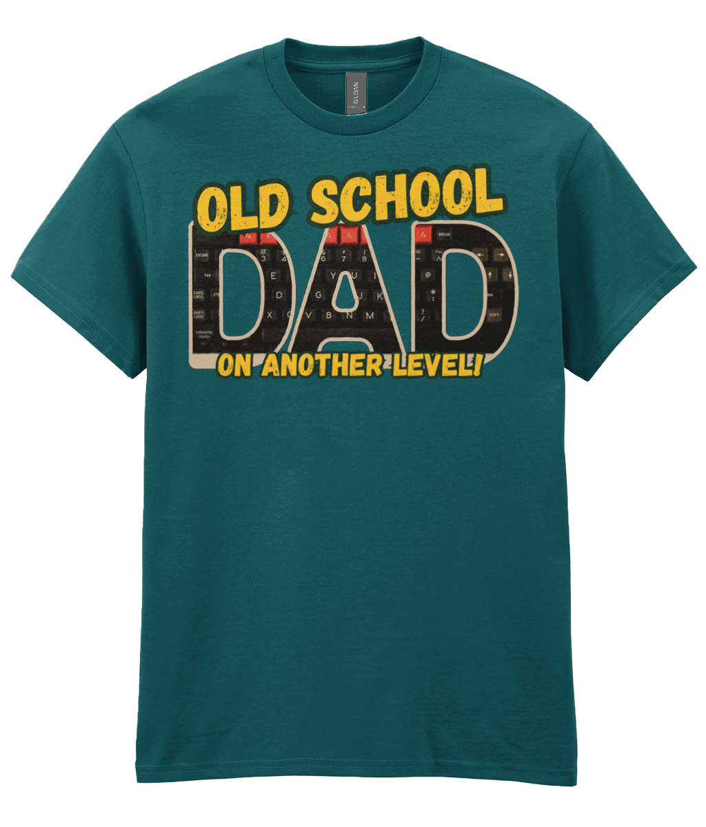 “Midnight blue T‑shirt with ‘Old School Dad On Another Level’ text and BBC Micro Model B keyboard artwork inside the letters.” 
