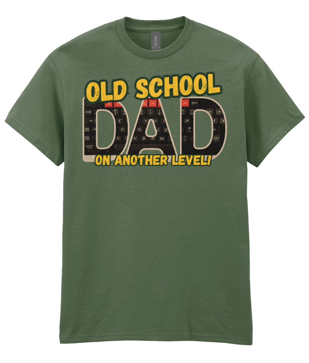 “Military green T‑shirt with ‘Old School Dad On Another Level’ text and BBC Micro Model B keyboard artwork inside the letters.”  
