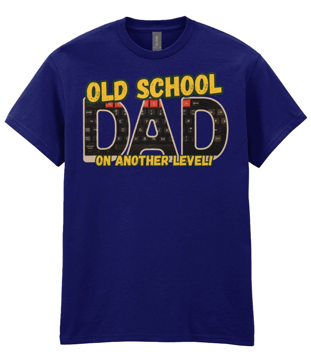 “Navy T‑shirt with ‘Old School Dad On Another Level’ text and BBC Micro Model B keyboard artwork inside the letters.” 
