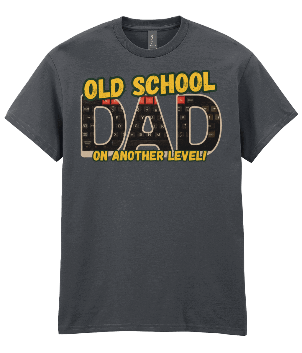 “Tweed T‑shirt with ‘Old School Dad On Another Level’ text and BBC Micro Model B keyboard artwork inside the letters.” 