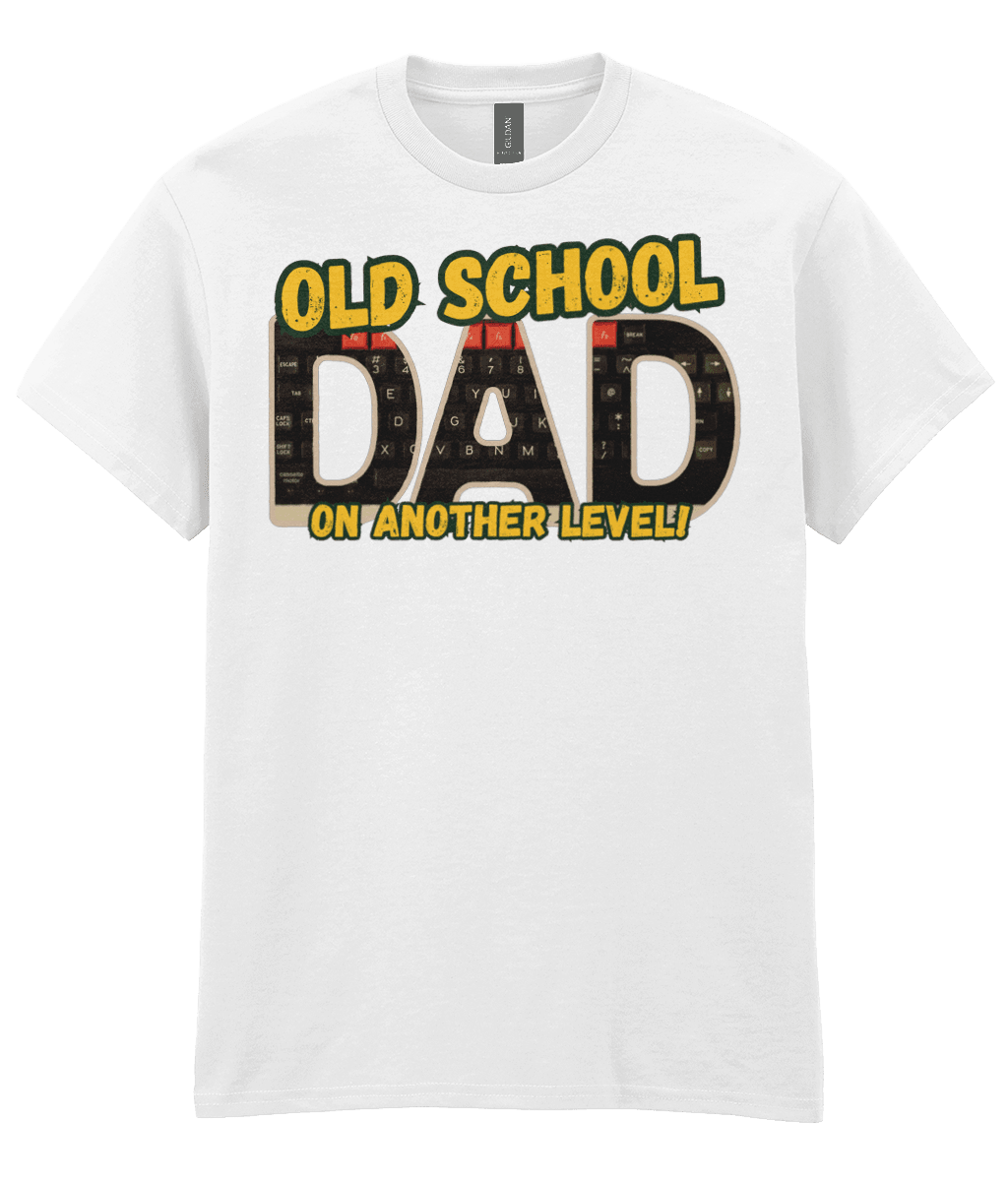 “White T‑shirt with ‘Old School Dad On Another Level’ text and BBC Micro Model B keyboard artwork inside the letters.” 
