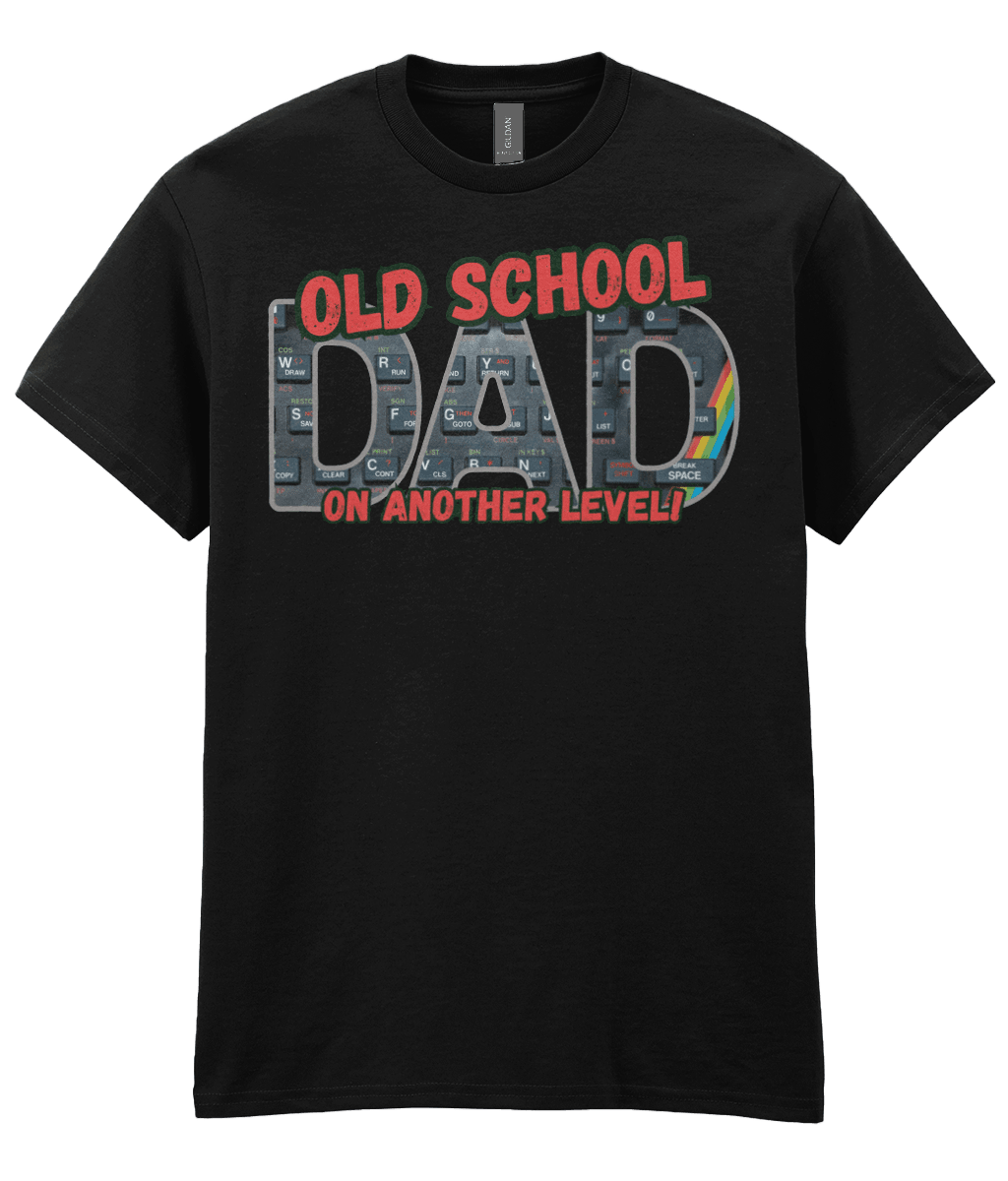“Black T‑shirt with ‘Old School Dad On Another Level’ text and ZX Spectrum‑style keyboard graphic with rainbow stripe.” 

