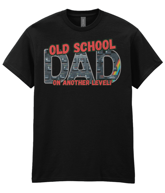 “Black T‑shirt with ‘Old School Dad On Another Level’ text and ZX Spectrum‑style keyboard graphic with rainbow stripe.” 
