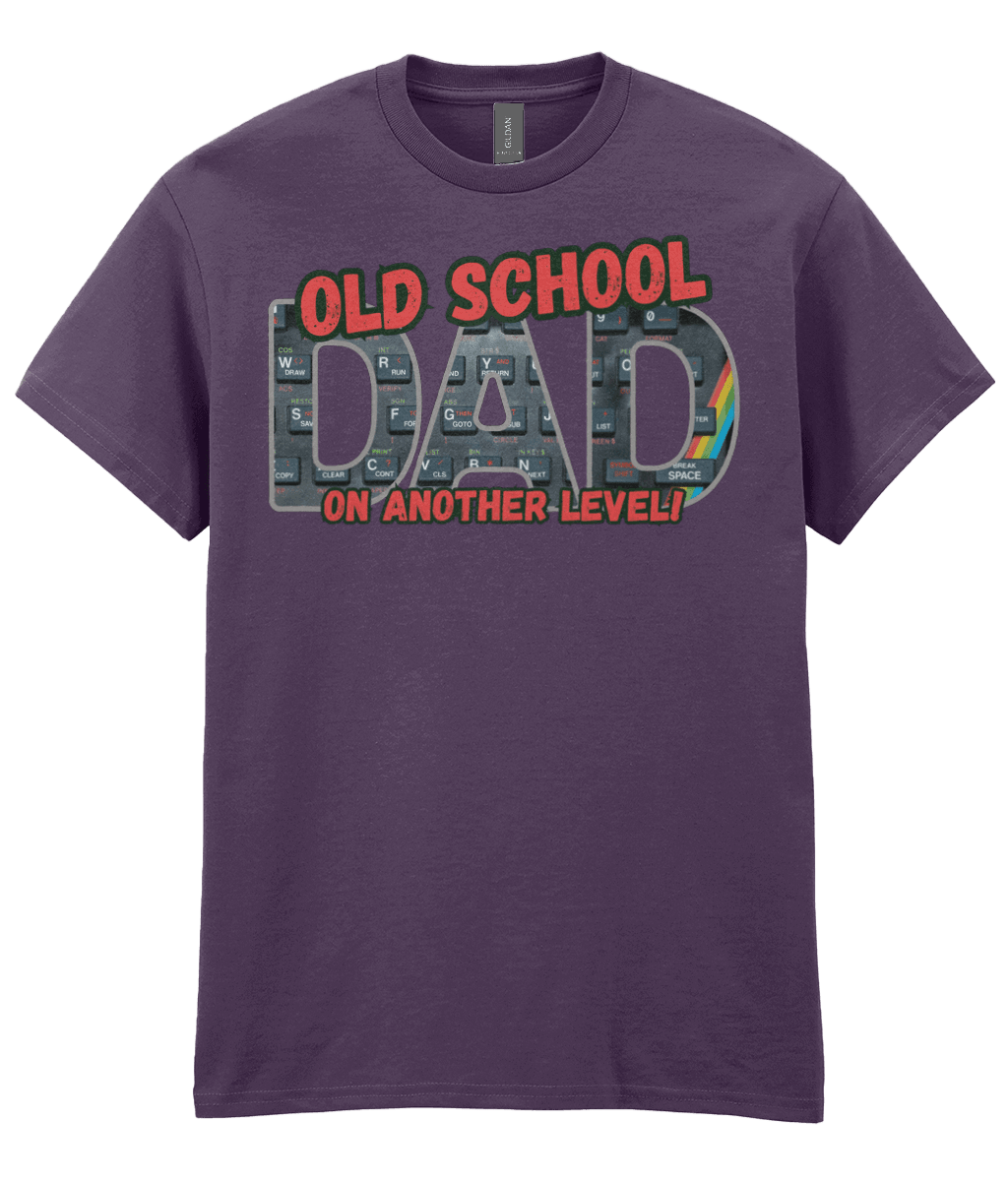 “Blackberry T‑shirt with ‘Old School Dad On Another Level’ text and ZX Spectrum‑style keyboard graphic with rainbow stripe.” 
