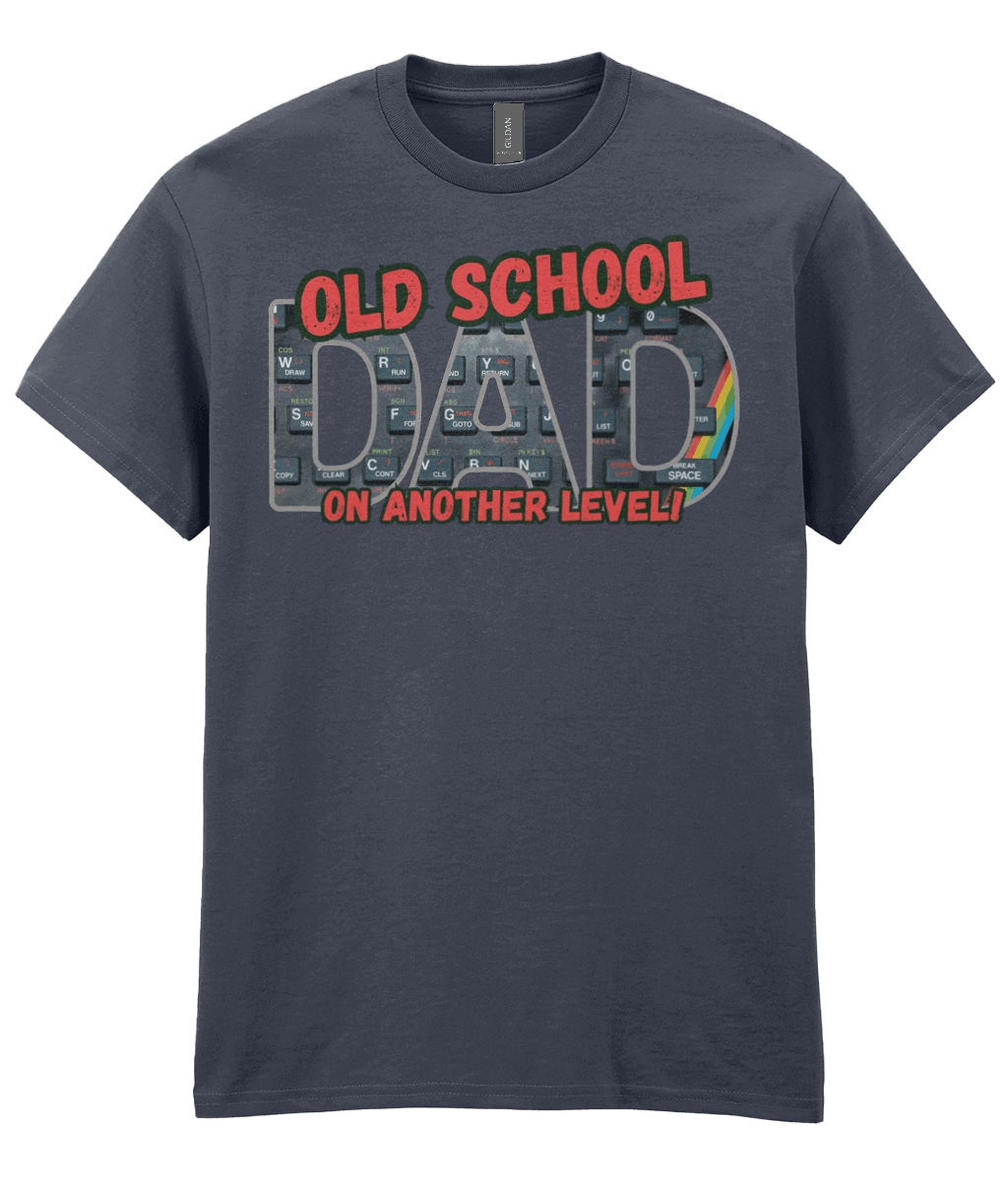 “Heather T‑shirt with ‘Old School Dad On Another Level’ text and ZX Spectrum‑style keyboard graphic with rainbow stripe.”
