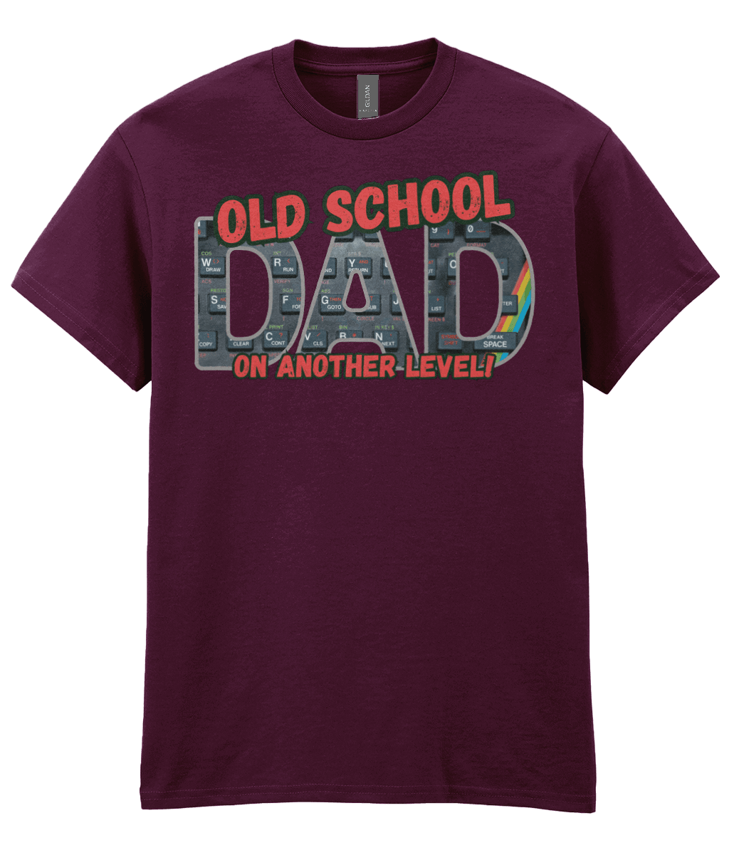 “Maroon T‑shirt with ‘Old School Dad On Another Level’ text and ZX Spectrum‑style keyboard graphic with rainbow stripe.”

